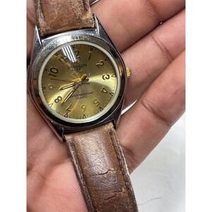 Vintage Swanson Japan Quartz Watch Men's Two-Tone Gold Sunray Dial Brown Leather